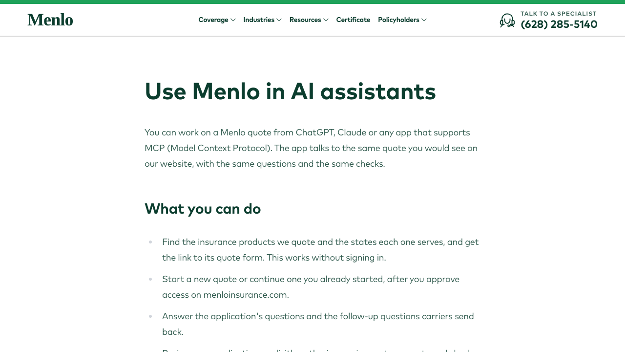 Menlo Insurance MCP screenshot
