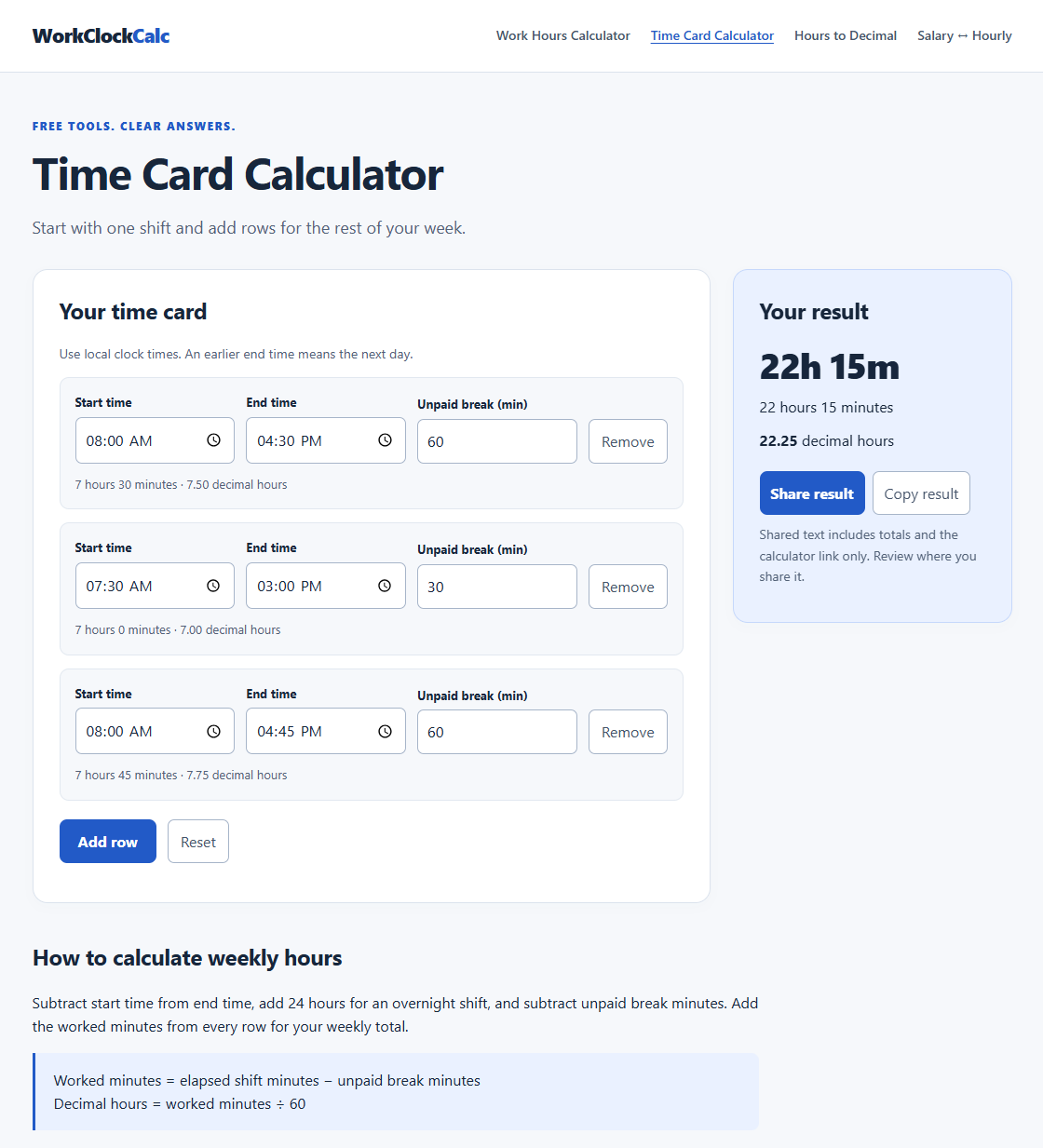 WorkClockCalc screenshot
