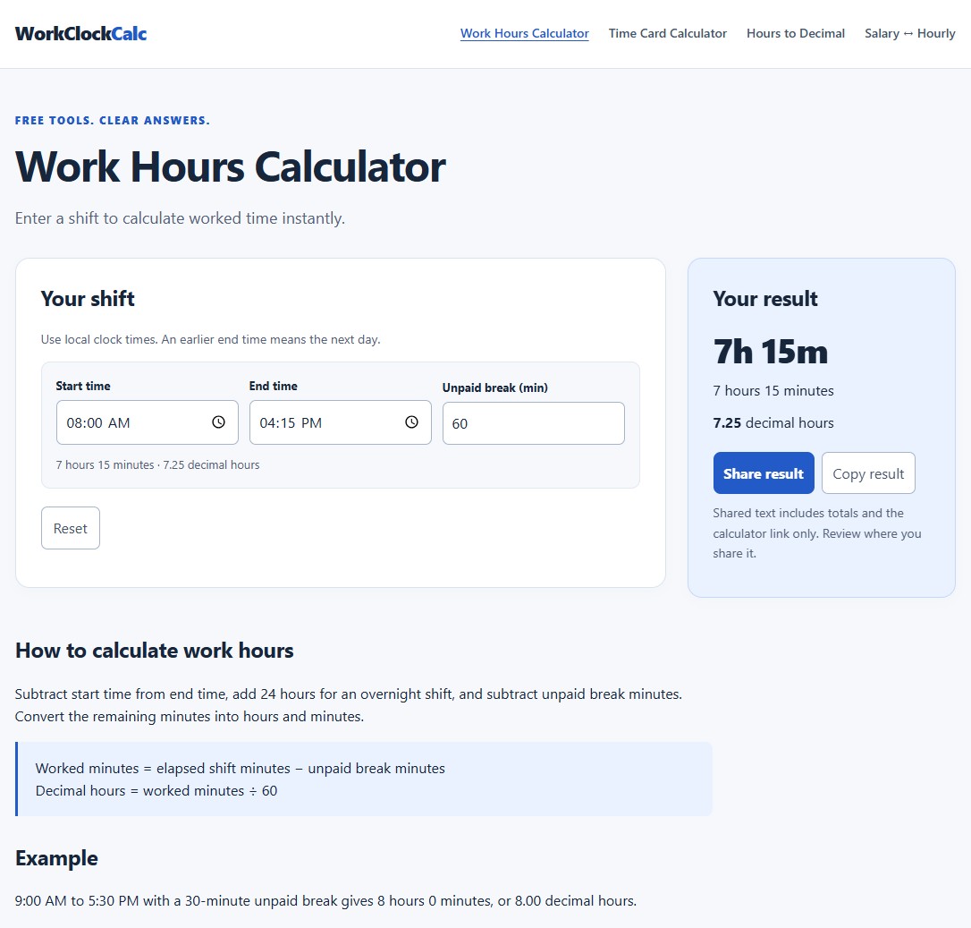 WorkClockCalc screenshot